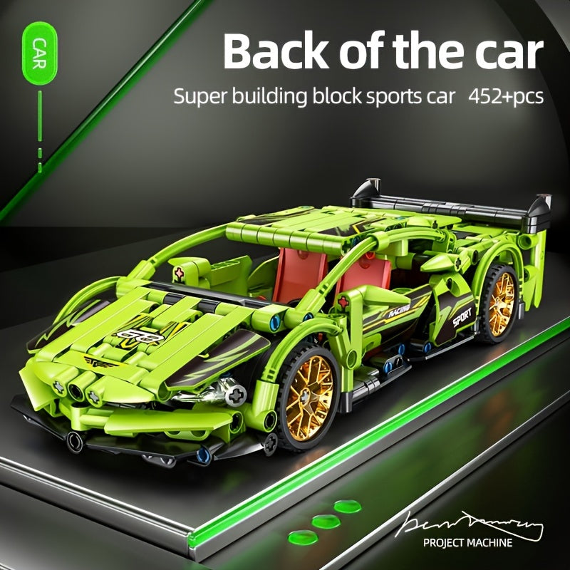 452 PCS green racing building blocks! The precision particles are easy to assemble, the rear design highlights are outstanding, and the trendy body lines are matched with flash gold wheels.