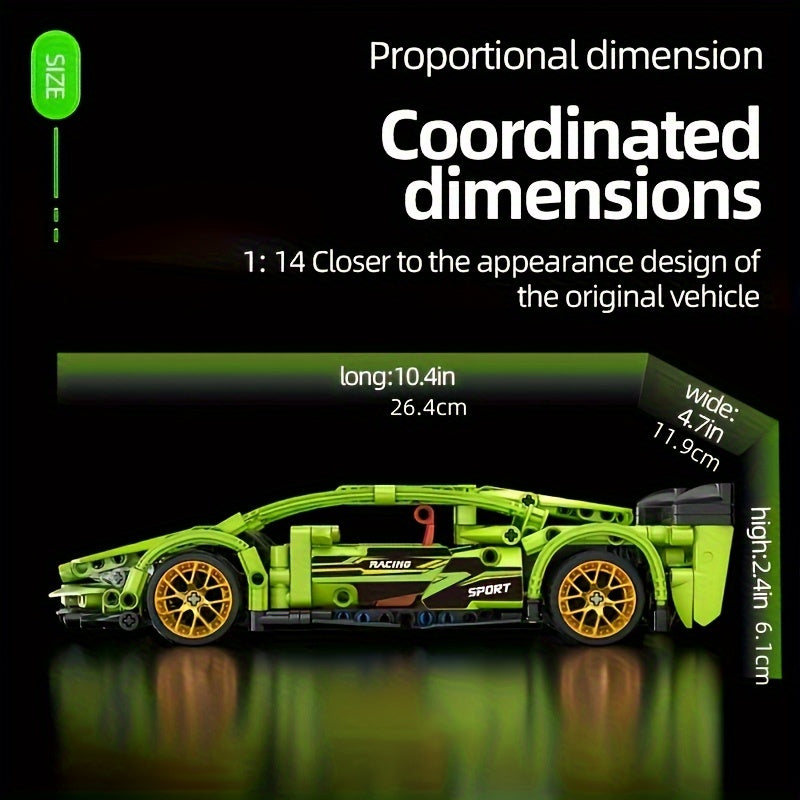 452 PCS green racing building blocks! The precision particles are easy to assemble, the rear design highlights are outstanding, and the trendy body lines are matched with flash gold wheels.