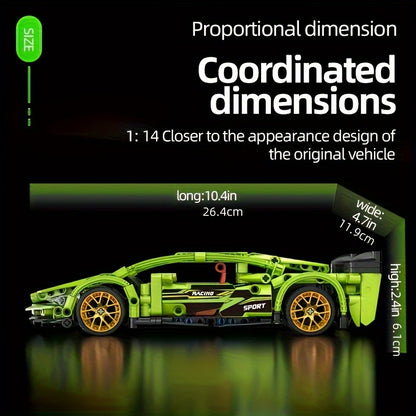 452 PCS green racing building blocks! The precision particles are easy to assemble, the rear design highlights are outstanding, and the trendy body lines are matched with flash gold wheels.
